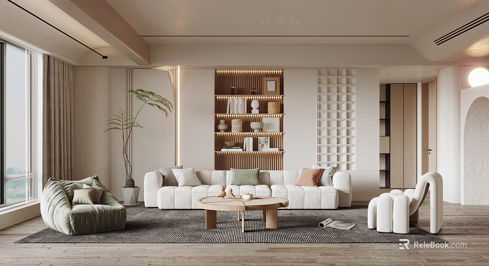 Modern Living Room Interior With White Sofa Wooden Coffee Table Bookshelf And Green Plant 3d model 