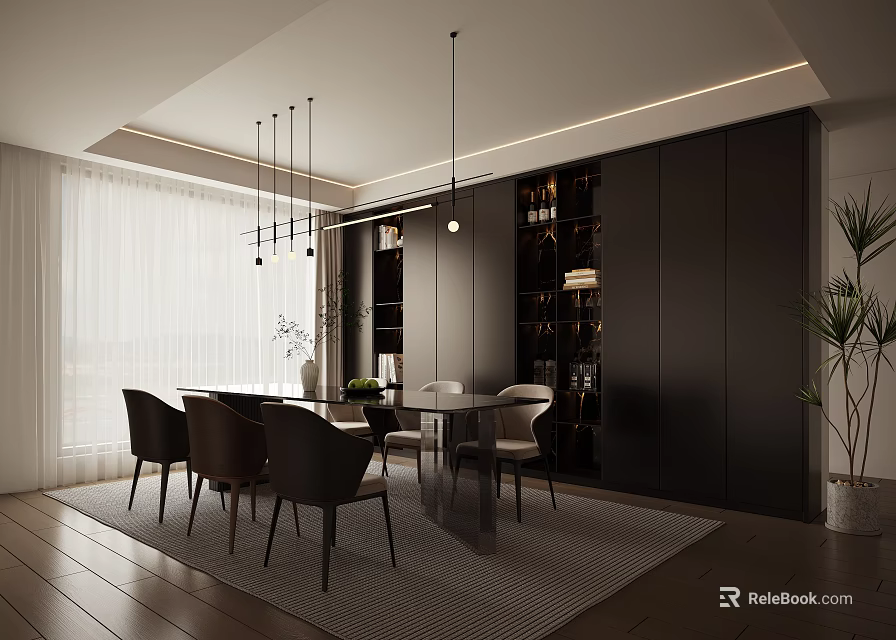 Modern Restaurant Interior With Dining Table Chairs Wine Cabinet And Hanging Lights 3d model 