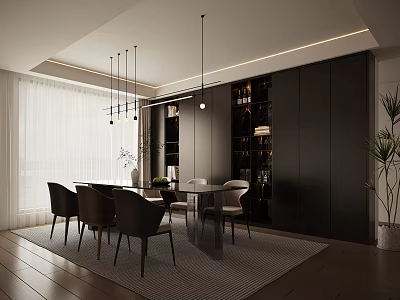 Modern Restaurant Interior With Dining Table Chairs Wine Cabinet And Hanging Lights 3d model