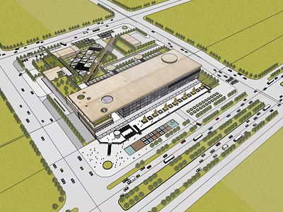 Modern Commercial Complex Layout With Surrounding Roads Green Spaces And Parking Areas 3d model