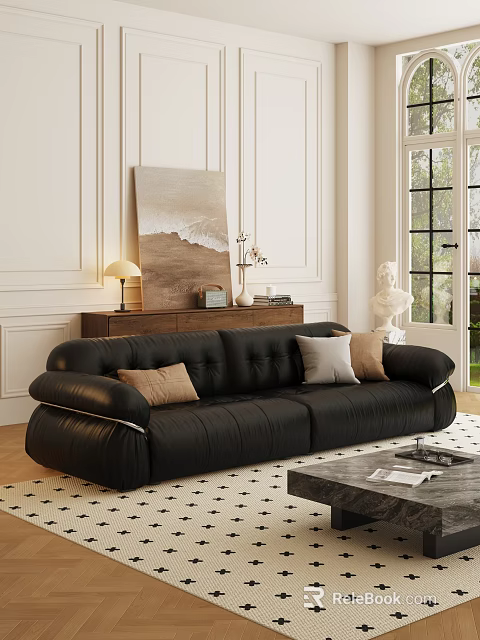 Black Leather Sofa with Beige Brown Cushions and Coffee Table Set in Modern Interior 3d model 