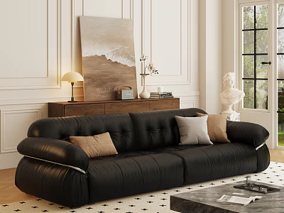Black Leather Sofa with Beige Brown Cushions and Coffee Table Set in Modern Interior 3d model