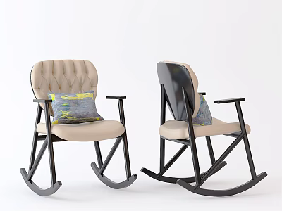 Modern Leisure Rocking Chairs with Beige Upholstered Seats Black Wooden Frames and Patterned Accent Cushions 3d model