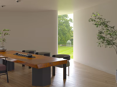 Modern Wooden Tea Table With Black Chairs In Interior With Large Window And Green Plants 3d model