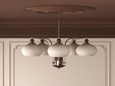 Elegant Classic Chandelier With White Glass Shades And Metal Frame On Decorative Ceiling 3d model