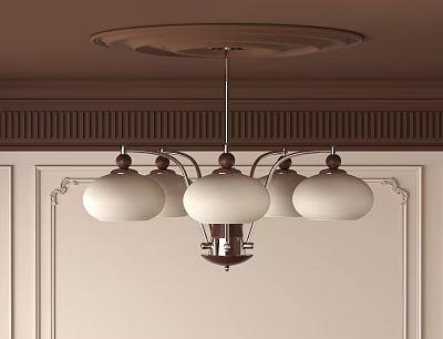 Elegant Classic Chandelier With White Glass Shades And Metal Frame On Decorative Ceiling 3d model