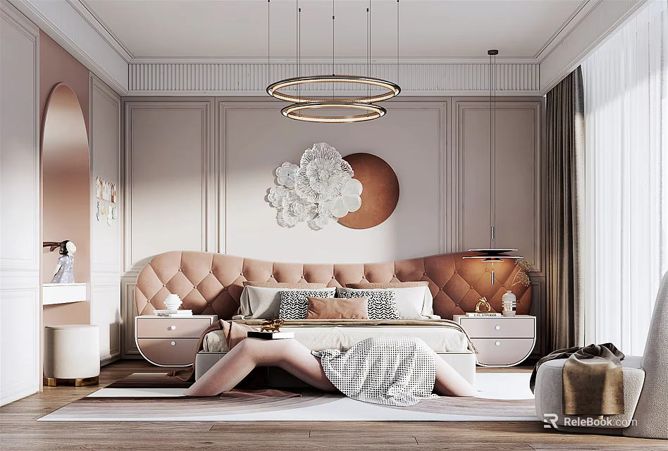 Elegant Peach Bedroom Interior With Tufted Headboard Gold Circular Pendant Lights And Floral Wall Art 3d model 