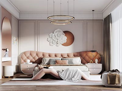 Elegant Peach Bedroom Interior With Tufted Headboard Gold Circular Pendant Lights And Floral Wall Art 3d model