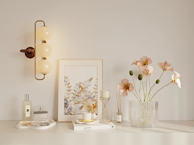Elegant Decorative Accessories Set With Wall Lamp Framed Artwork Flowers In Vase Candle And Tray 3d model