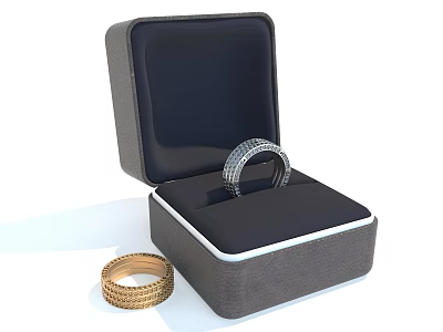 Open Gray Box With Diamond Ring And Gold Band Inside 3d model