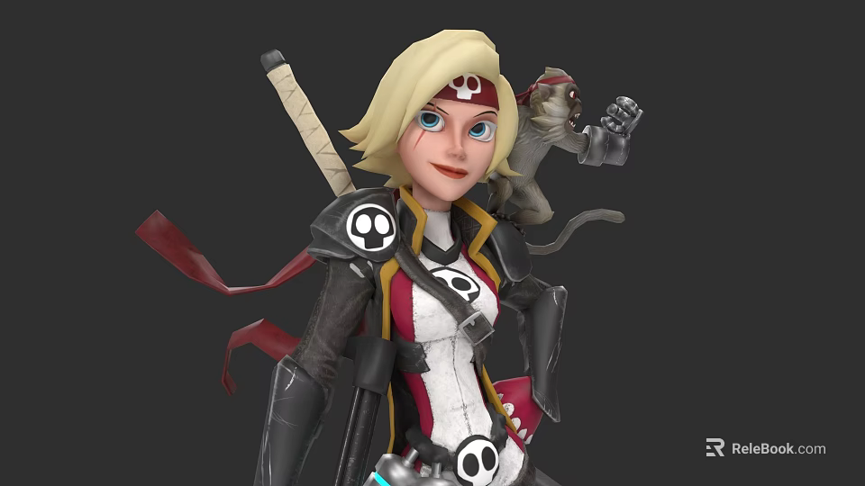Blonde Game Character With Blue Eyes Skull Patterns Red White Outfit Small Monkey On Shoulder 3d model 