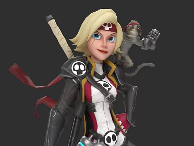 Blonde Game Character With Blue Eyes Skull Patterns Red White Outfit Small Monkey On Shoulder 3d model