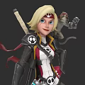 Blonde Game Character With Blue Eyes Skull Patterns Red White Outfit Small Monkey On Shoulder