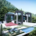 Modern Detached Villa In Lush Green Hills Featuring Swimming Pool Outdoor Loungers And Red Umbrellas