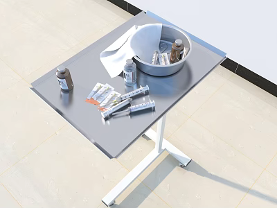 Mobile Medical Worktable with Disinfectant Basin Syringes and Supply Bottles 3d model