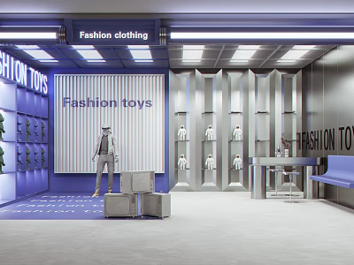 Fashion Clothing and Toys Store with Modern Display Shelves Mannequins Lockers and Blue White Decor 3d model