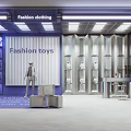 Fashion Clothing and Toys Store with Modern Display Shelves Mannequins Lockers and Blue White Decor