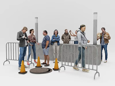 People Interacting Near Metal Barricades With Traffic Cones In Outdoor Area 3d model