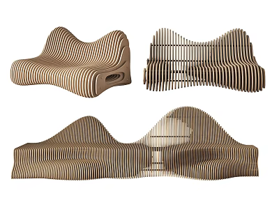 Modern Outdoor Landscape Seats With Unique Wavy Striped Wooden Design And Ergonomic Shape 3d model