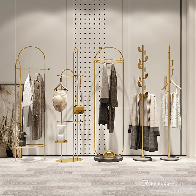 Golden Floor Standing Clothes Hangers With Clothes Scarves And Leaf Design In Modern 3d model 