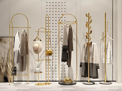 Golden Floor Standing Clothes Hangers With Clothes Scarves And Leaf Design In Modern 3d model