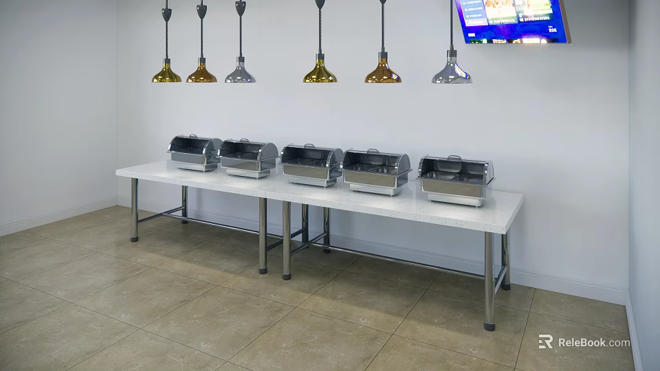Unique Shaped Pendant Lights Above White Buffet Tables With Food Warmers In Restaurant 3d model 