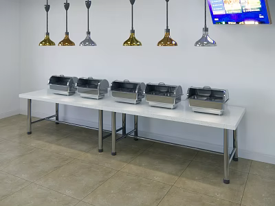 Unique Shaped Pendant Lights Above White Buffet Tables With Food Warmers In Restaurant 3d model