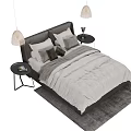 Modern Double Bed With Gray Quilt Pillows Dark Headboard And Pendant Lights