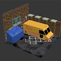 Outdoor Scene With Yellow Taco Mole Truck Brick Wall Blue Tarp Chalk Lines On Ground