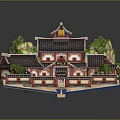 Cartoon Scene Of Traditional Chinese Architecture Courtyard With Curved Roofs Green Plants And Decorative Figures