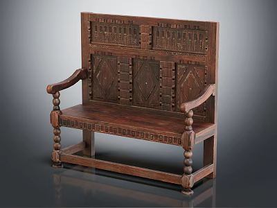 Traditional Vintage Wooden Bench With Intricate Carved Backrest And Decorative Armrests Design 3d model
