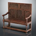 Traditional Vintage Wooden Bench With Intricate Carved Backrest And Decorative Armrests Design