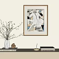 Abstract Painting With Geometric Patterns Neutral Colors Wooden Frame Nearby Vase And Books On Table