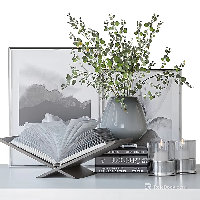 Decorative Ornament Set With Open Book Stacked Books Gray Vase Green Foliage And Framed Artwork 3d model 