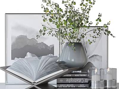 Decorative Ornament Set With Open Book Stacked Books Gray Vase Green Foliage And Framed Artwork 3d model