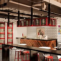 Stylish Modern Restaurant Interior With Red Frames White Brick Wall And Wooden Counter