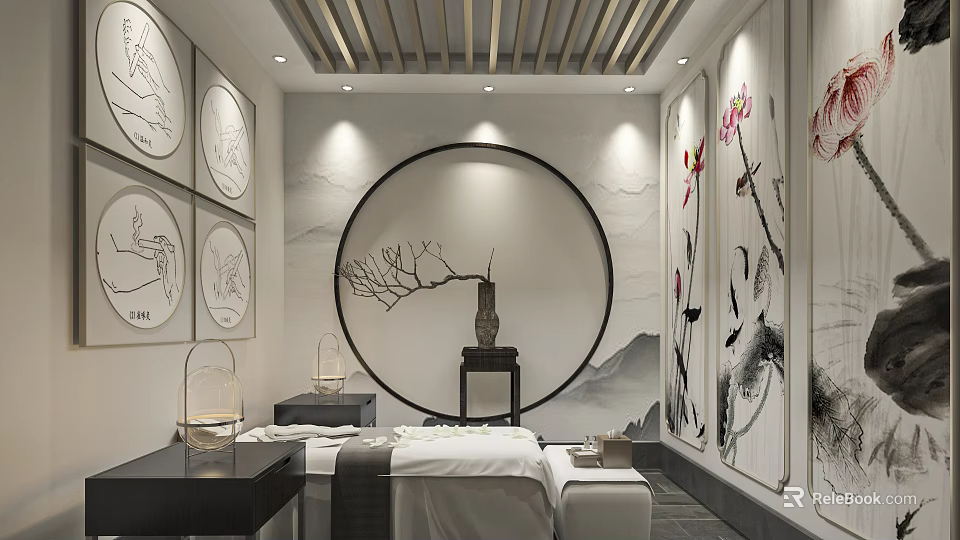 Modern SPA Sauna Room Interior With Circular Decor Branch Mountain And Floral Ink Paintings 3d model 