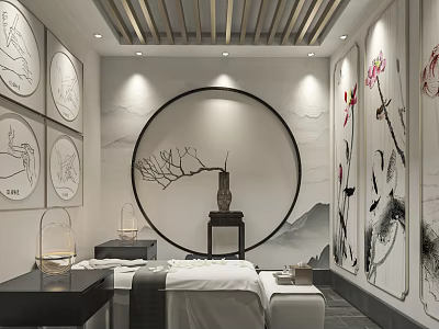 Modern SPA Sauna Room Interior With Circular Decor Branch Mountain And Floral Ink Paintings 3d model