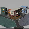 Colorful Japanese Style Building Models With Green White Blue Facades And Shop Signs