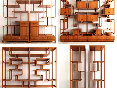 Wooden Display Shelves With Various Designs And Storage Drawers For Home Decor And Collectibles 3d model
