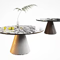 Elegant Dining Table With Marble Tabletop Conical Metal Base Yellow Fruits And Green Leaves