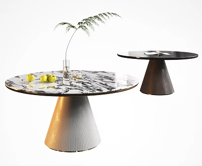 Elegant Dining Table With Marble Tabletop Conical Metal Base Yellow Fruits And Green Leaves 3d model