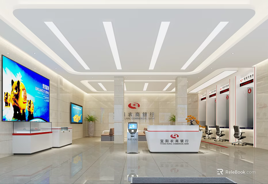 Modern Spacious Service Hall Interior With Large Digital Screen Service Counter And Waiting Seats 3d model 