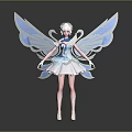Magical Fantasy Game Movie Character With Blue Wings White Hair And Blue White Dress