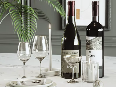 Elegant Wine Bottles and Glasses Display with Candle and Green Plant on Modern White Table 3d model