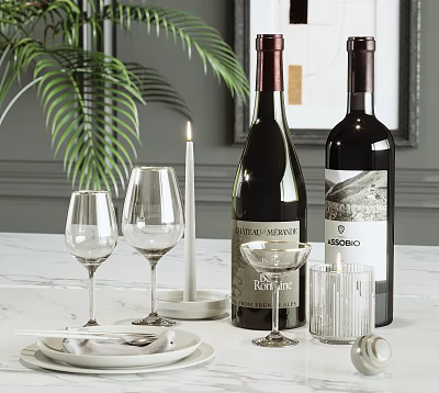 Elegant Wine Bottles and Glasses Display with Candle and Green Plant on Modern White Table 3d model