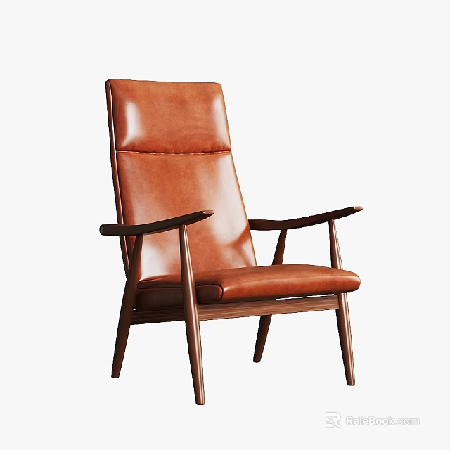 Brown Leather Accent Chair With Wooden Armrests And Modern Design 3d model 