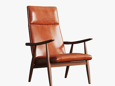 Brown Leather Accent Chair With Wooden Armrests And Modern Design 3d model
