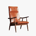 Brown Leather Accent Chair With Wooden Armrests And Modern Design