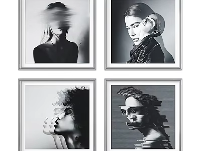 Four Framed Black And White Portrait Paintings Of Human Figures In Artistic Style 3d model